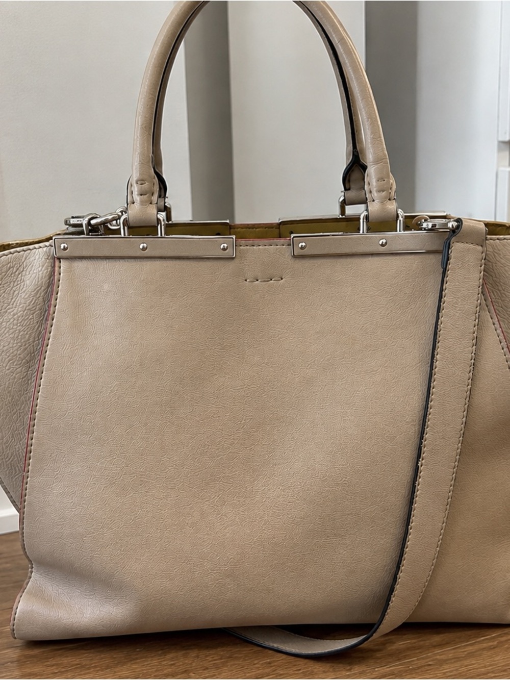 Fendi Beige and Pink Leather Shoulder Bag with Silver Hardware